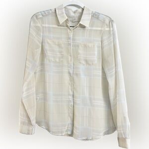 LOFT Apricot and Ivory Sheer Plaid Blouse